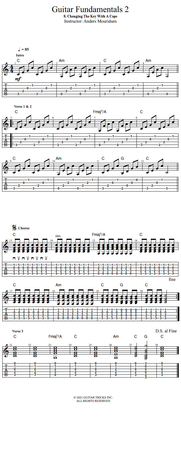 Changing The Key With A Capo song notation