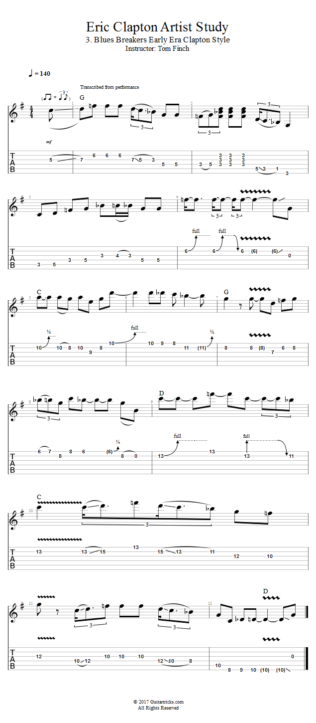 Blues Breakers Early Era Clapton Style song notation