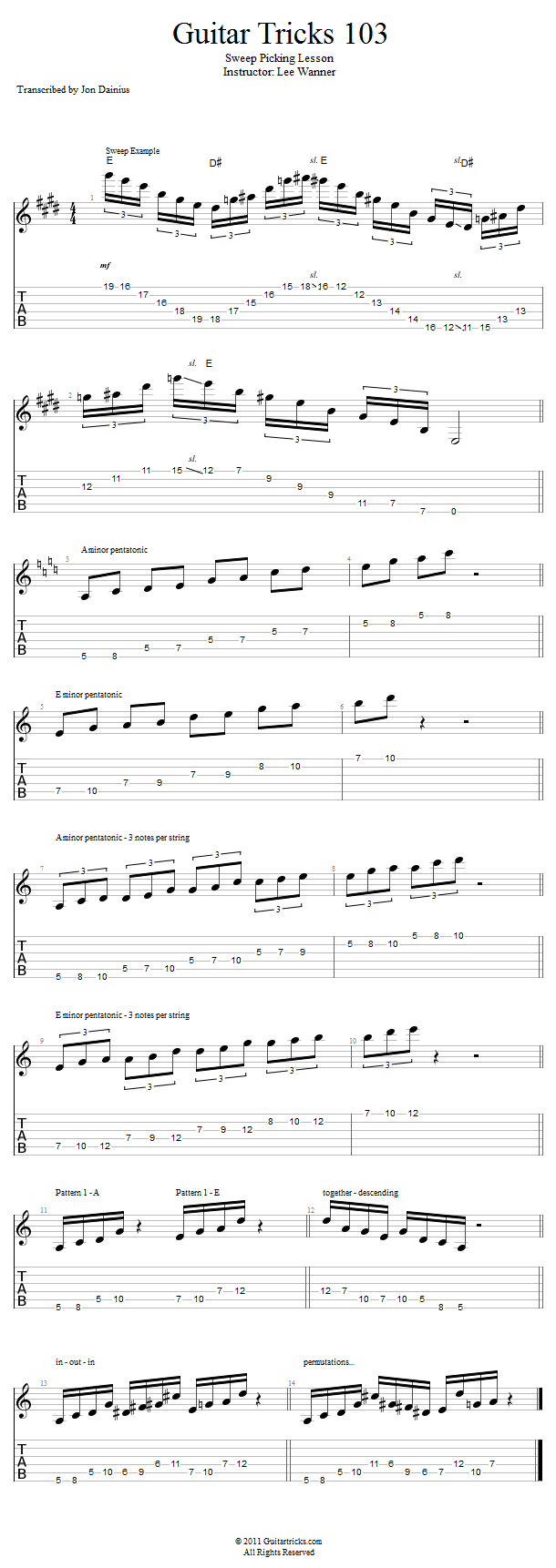 Guitar Tricks 103: Sweep Picking Lesson song notation