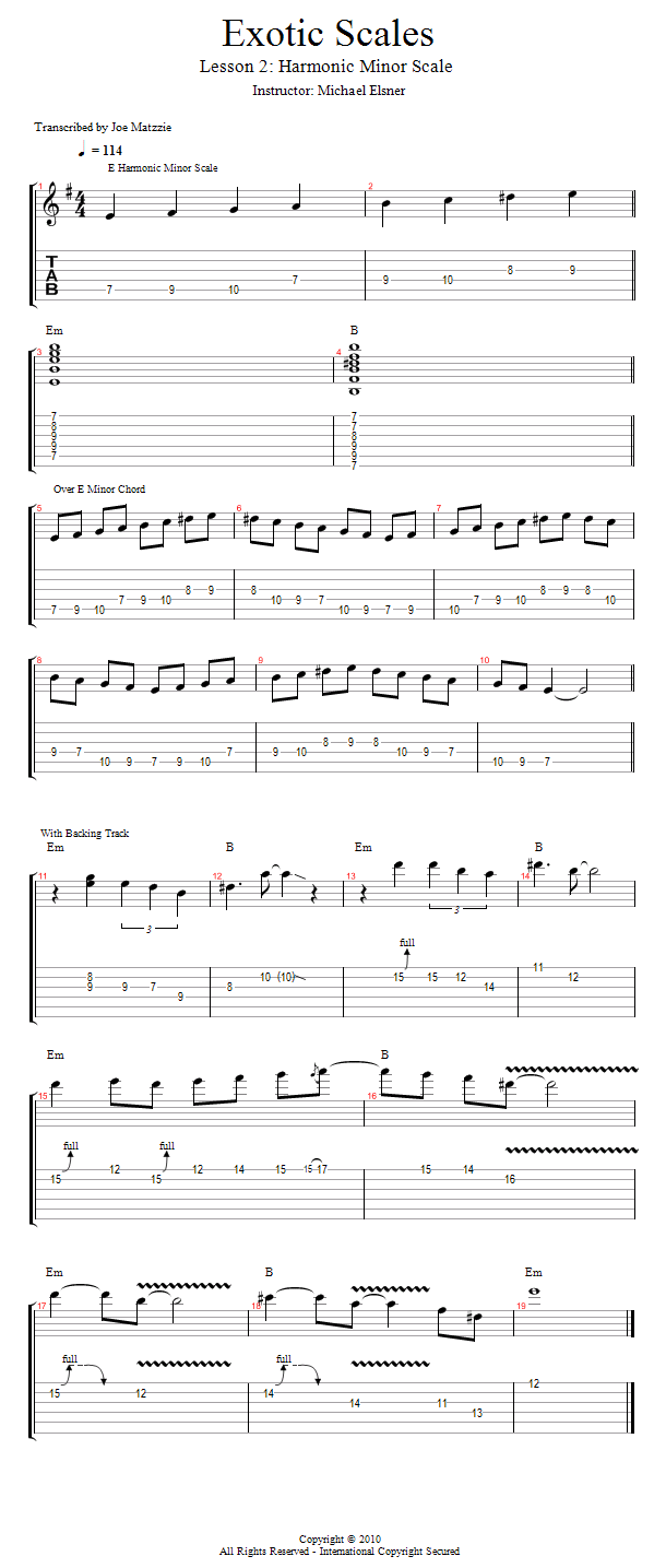 Harmonic Minor Scale song notation