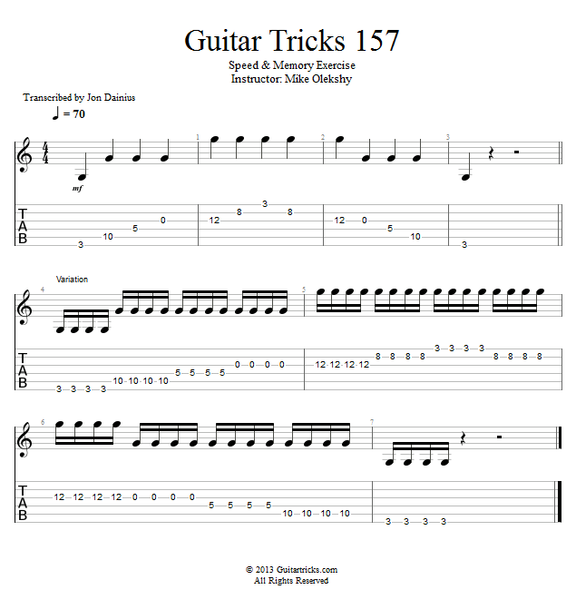 Guitar Tricks 157: Speed & Memory Exercise song notation