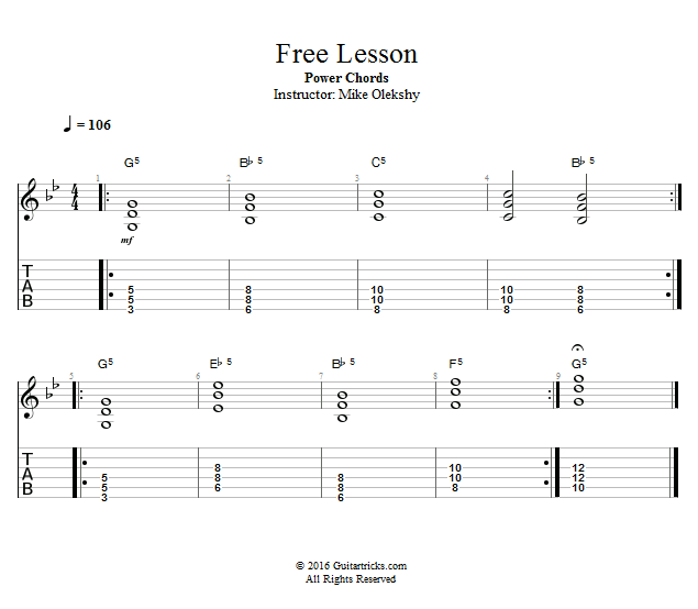 Free Lesson Power Chords song notation