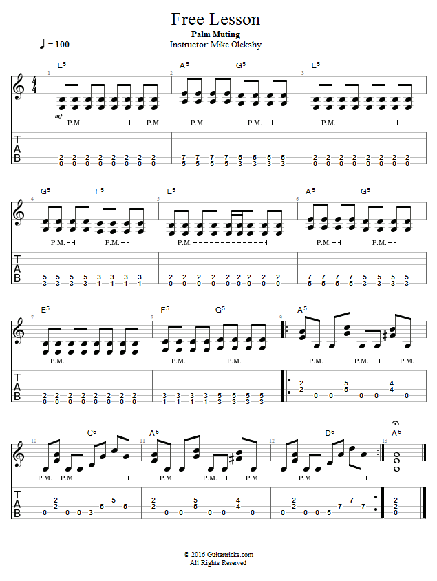 Free Lesson Palm Muting song notation