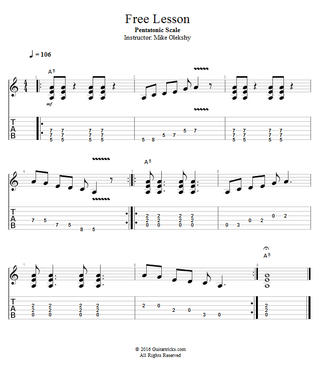 Free Lesson Pentatonic Scale song notation