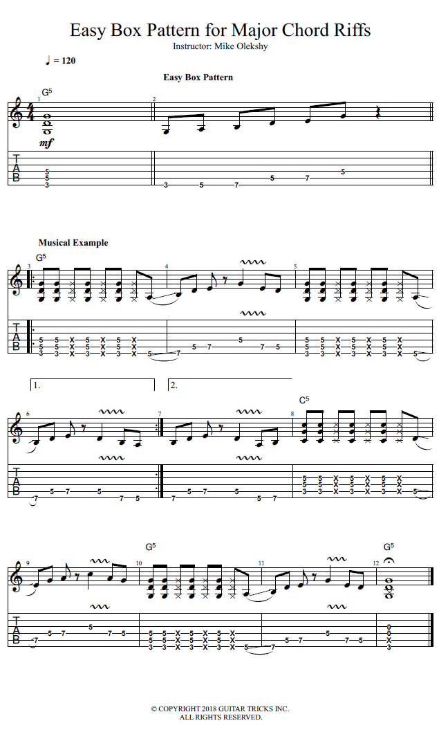 Easy Box Pattern for Major Chord Riffs song notation