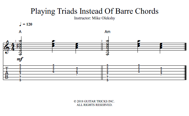 Playing Triads Instead Of Barre Chords song notation