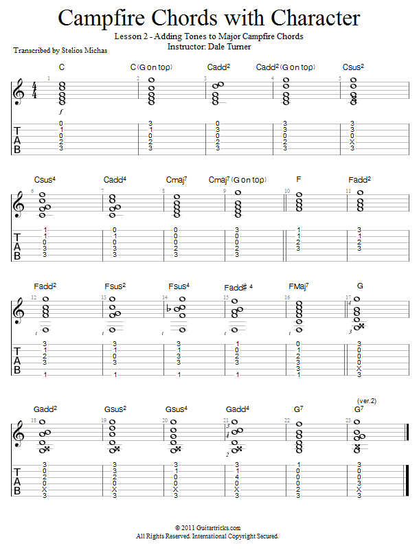 Adding Tones To Major Campfire Chords song notation