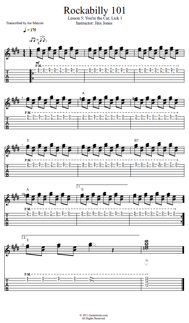 You're the Cat: Lick 1 song notation
