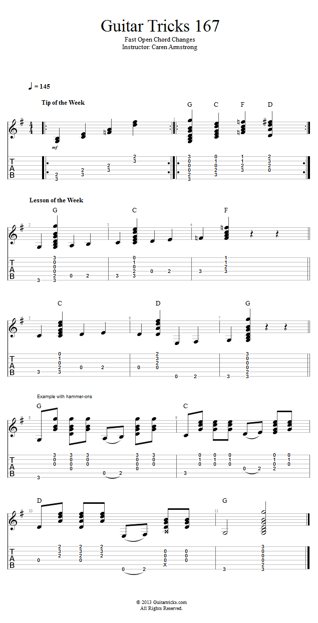 Guitar Tricks 167: Fast Open Chord Changes song notation