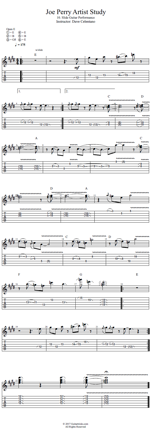 Slide Guitar Performance song notation