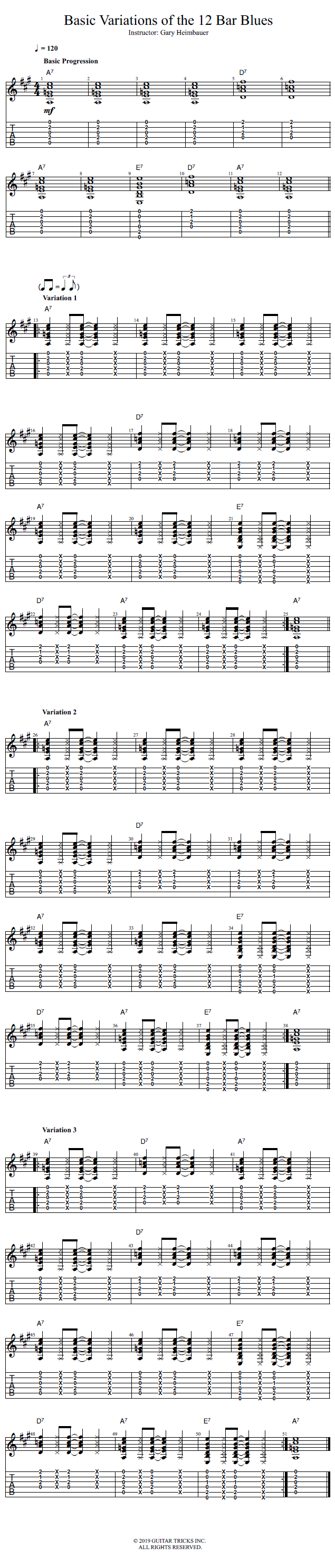 Basic Variations of the 12 Bar Blues song notation